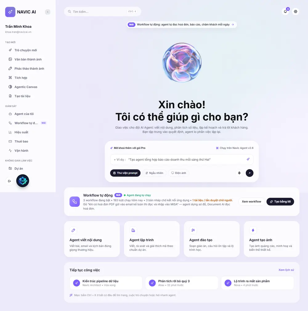 Toàn trang website AI Agent Đa Nhiệm & Quản Trị Vận Hành