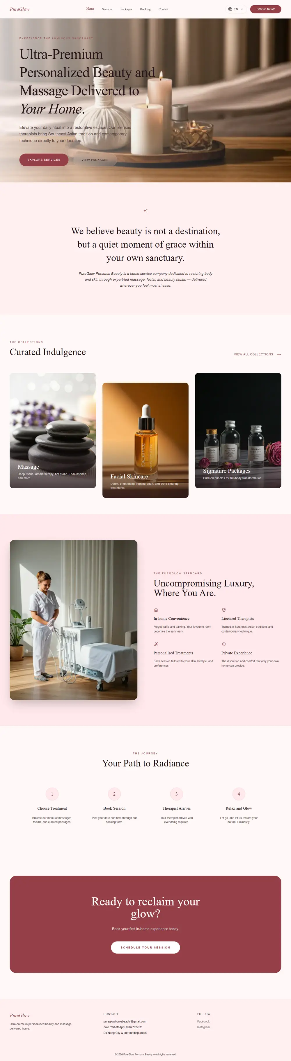 Toàn trang website Website Dịch Vụ Beauty & Massage Tại Nhà PureGlow